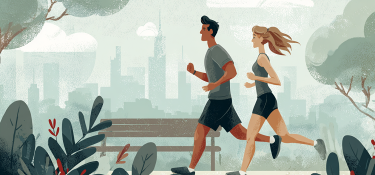 A cartoon image of a man and woman jogging in a park