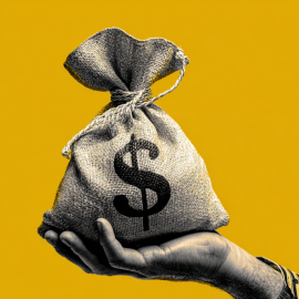 A hand holding a bag of money that has a dollar sign on it