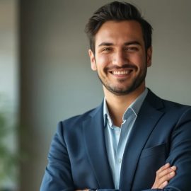 CEO Excellence by McKinsey & Co.: 6 Mindsets of the Best CEOs A smiling professional man in a suit jacket and dress shirt crossing his arms in an office illustrates CEO excellence