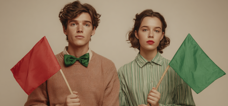 Red Flags, Green Flags by Ali Fenwick: Overview & Dating Tips A woman holding a green flag and a man holding a red flag