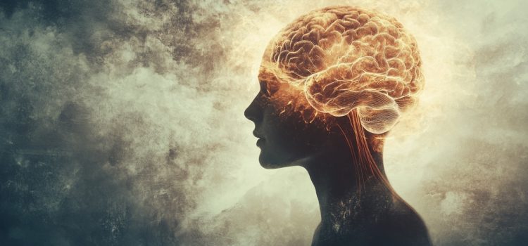 An artistic depiction of a woman's head in profile surrounded by clouds with her mind illuminated