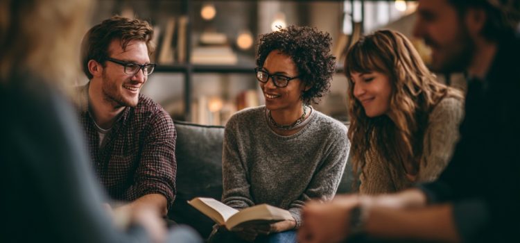 Hombres y mujeres en un club de lectura