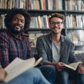Three men and two women in a book club discussion with book shelves in the background
