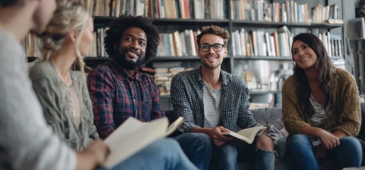 Three men and two women in a book club discussion with book shelves in the background