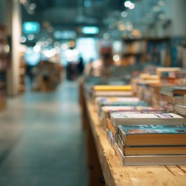 Books in stacks on a table and placed on bookshelves in a bookstore