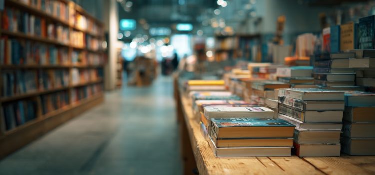 Books in stacks on a table and placed on bookshelves in a bookstore