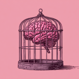 A cartoon image of a brain trapped in a bird cage