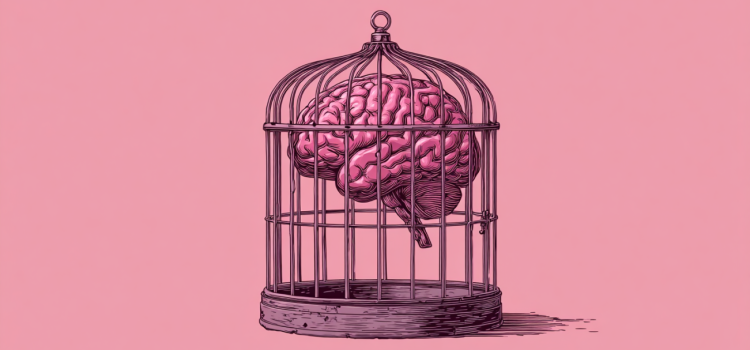 Ein Cartoon-Bild eines Gehirns, das in einem Vogelkäfig gefangen ist