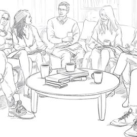 A black-and-white sketch of seven people in a book club discussion group