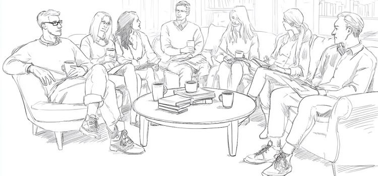 A black-and-white sketch of seven people in a book club discussion group