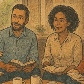 A drawing of two women and two men discussing a book in a book club gathering