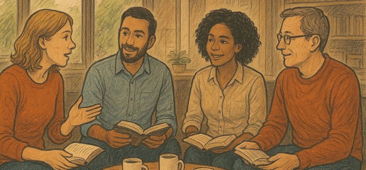 A drawing of two women and two men discussing a book in a book club gathering