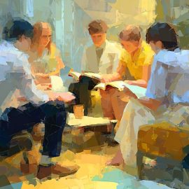 An impressionistic-style image of a book club meeting to discuss a book they've read
