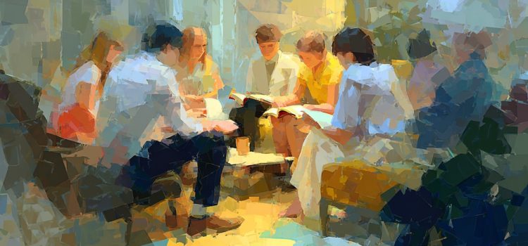 How to Win Friends and Influence People—Discussion Questions An impressionistic-style image of a book club meeting to discuss a book they've read