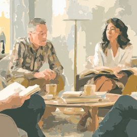 A painting-style image of two men and three women in a book club discussion