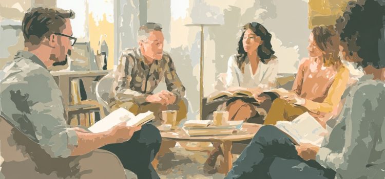A painting-style image of two men and three women in a book club discussion