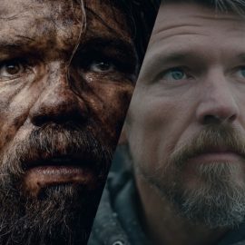 A split screen with a prehistoric man on the left and a 21st-century man on the right