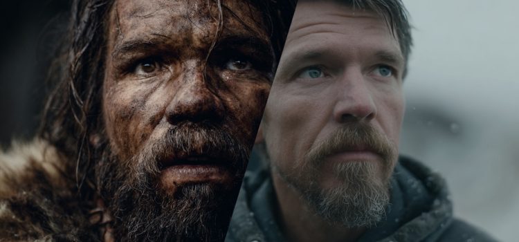 A split screen with a prehistoric man on the left and a 21st-century man on the right