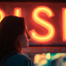 A woman looking at a neon sign that reads "RISK"