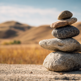 A rock cairn with five rocks with a desert background