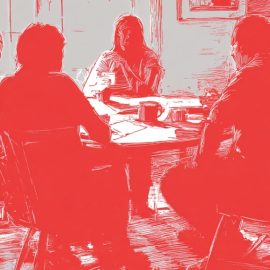 Red and gray sketch of four people (book club) sitting around a table and discussing a book