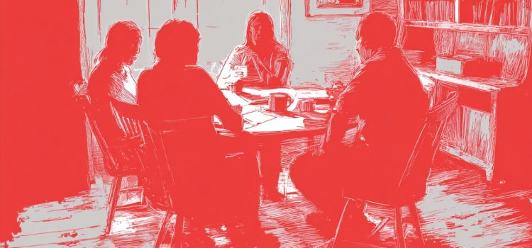 Think Again: 23 Book Club Questions & Exercises (Adam Grant) Desenho em vermelho e cinza de quatro pessoas (clube do livro) sentadas ao redor de uma mesa e discutindo um livro