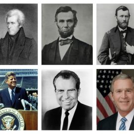 Collage of US presidents Washington, Jackson, Lincoln, Grant, Theodore Roosevelt, FDR, JFK, Nixon, George W. Bush, and Obama