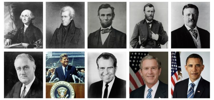 Collage of US presidents Washington, Jackson, Lincoln, Grant, Theodore Roosevelt, FDR, JFK, Nixon, George W. Bush, and Obama