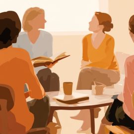 A watercolor-style image of seven people in a book club discussing a book around a small table