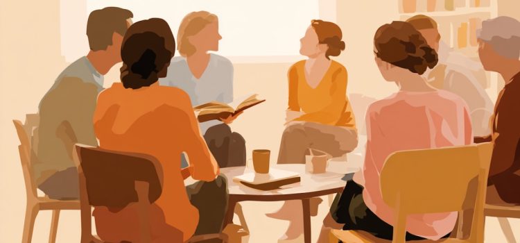 I Am Malala: Book Questions, Sample Answers, & Exercises A watercolor-style image of seven people in a book club discussing a book around a small table