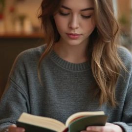 A young woman reading a book while sitting at a table in a cafe