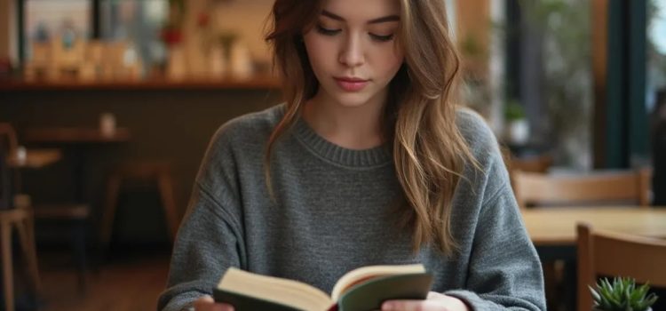 A young woman reading a book while sitting at a table in a cafe