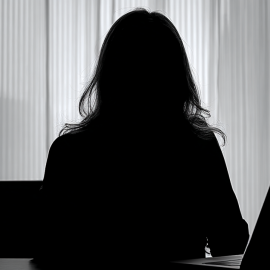 The silhouette of a woman using a laptop at a desk