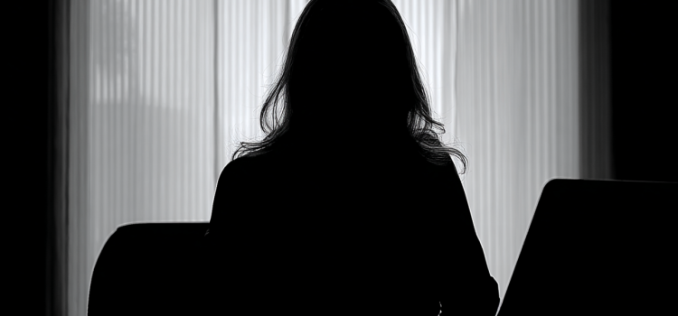 The silhouette of a woman using a laptop at a desk