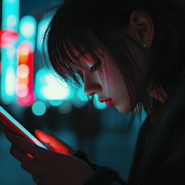 A young woman staring at her mobile phone at nighttime with city lights in the background