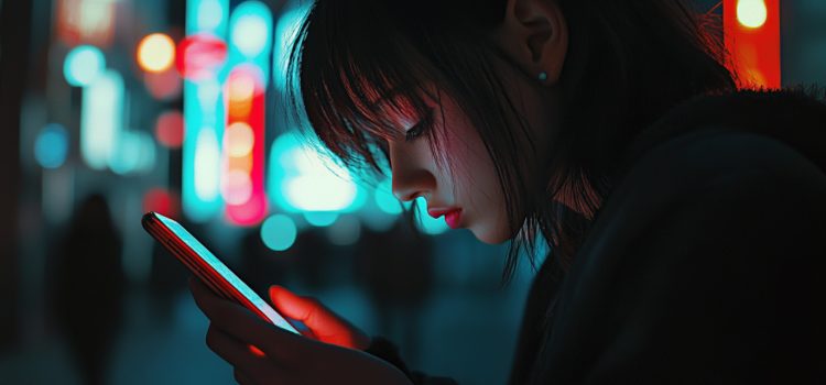 A young woman staring at her mobile phone at nighttime with city lights in the background