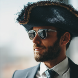 A businessman wearing a pirate hat and sunglasses