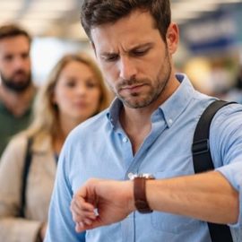 A drawing of impatient man waiting in line and looking at his watch while several people behind him are also waiting