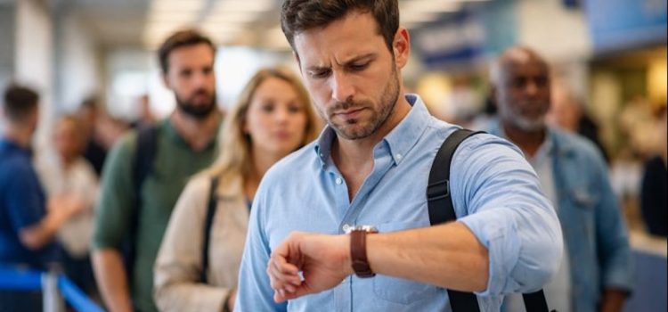 A drawing of impatient man waiting in line and looking at his watch while several people behind him are also waiting