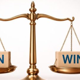A balance scale with a block labeled WIN on each side illustrates interest-based bargaining