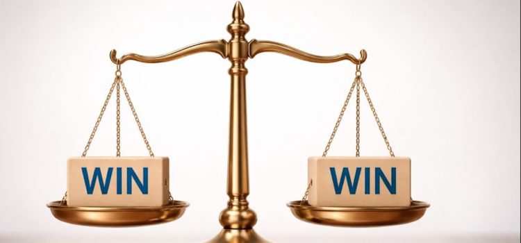 A balance scale with a block labeled WIN on each side illustrates interest-based bargaining