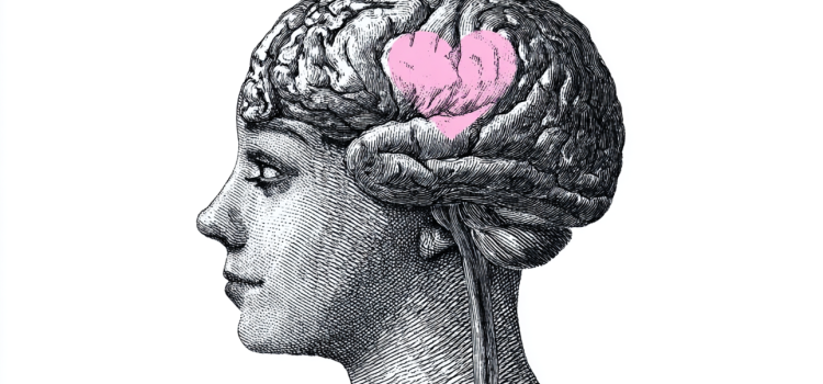 A sketch of a woman's brain with a love heart on it