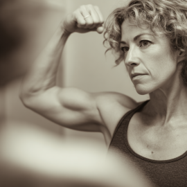 A woman flexing her bicep while looking in the mirror because she has good habits