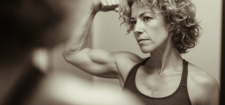 A woman flexing her bicep while looking in the mirror because she has good habits