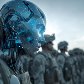An AI robot standing alongside soldiers in the U.S. military