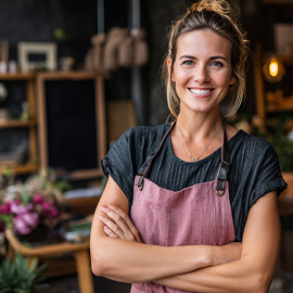 A woman standing proudly in front of her business