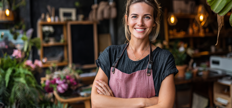 A woman standing proudly in front of her business