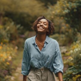 A young woman smiling and facing upward with her eyes closed walking through a flower garden