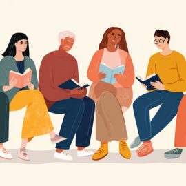 A sketch of eight people in a book club discussion group