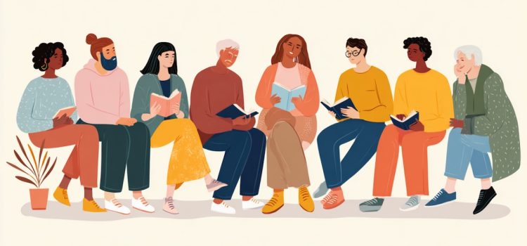 A sketch of eight people in a book club discussion group